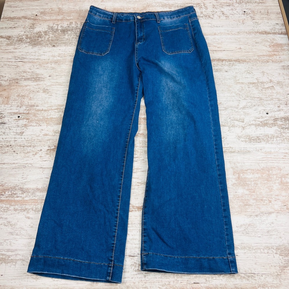 KUNMI Women Blue Wide Leg Jeans Size 18 High Rise Stretch Denim Patch Pockets